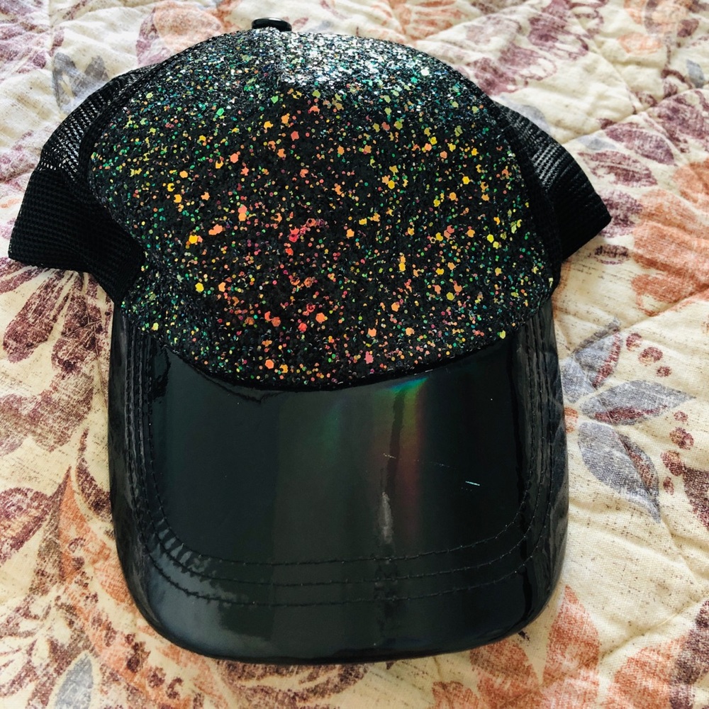 Black mesh and multicolor glitter baseball cap